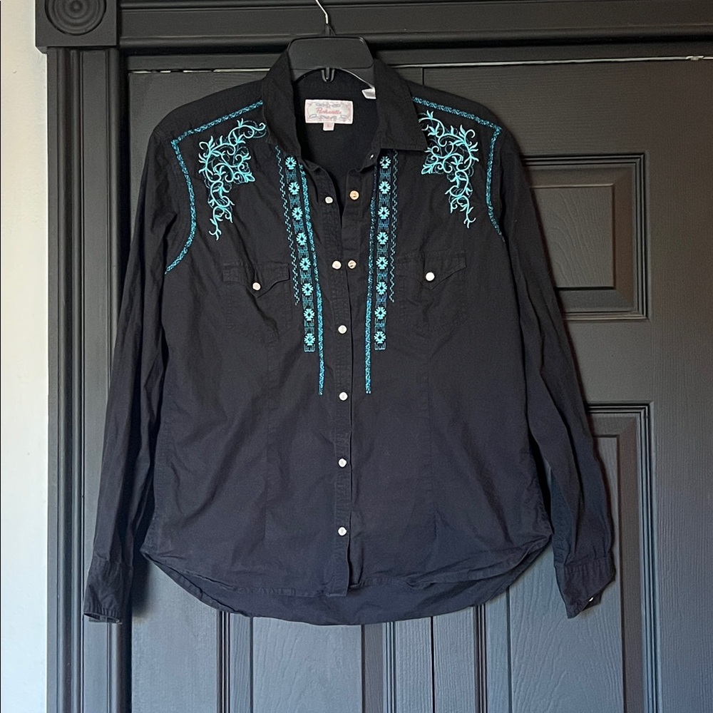 Black Embroidered Button Down Shirt